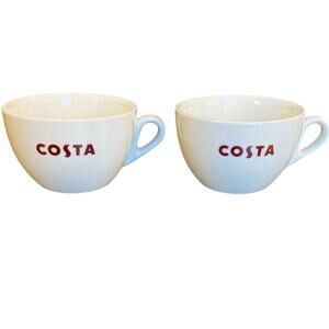 Costa Coffee Mug Set of 2 Barista Style Latte Cappuccino Cups White Red Logo